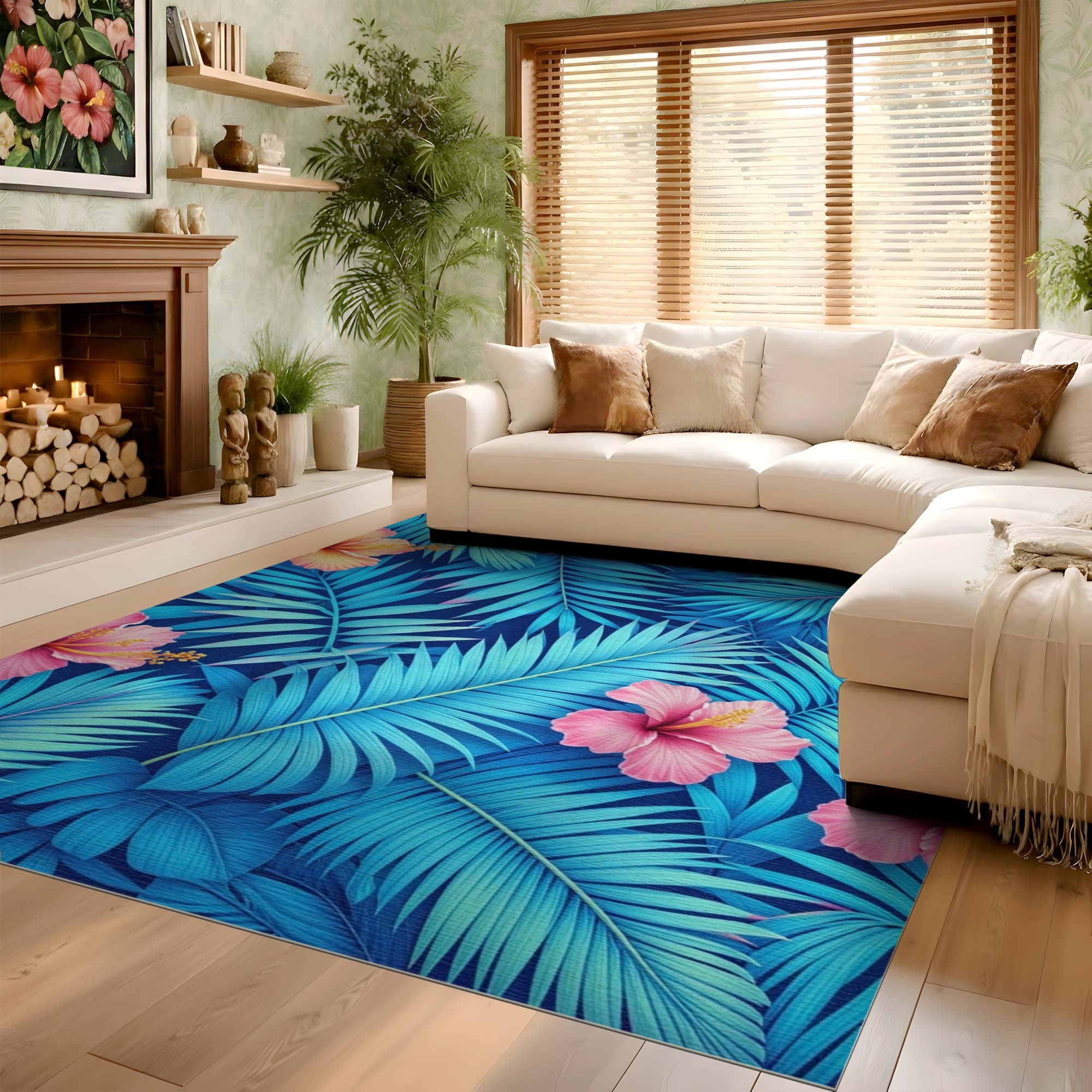 ODIKA Tropical Palm Leaf & Hibiscus Washable Rug - Low Pile Non-Slip Area Rug