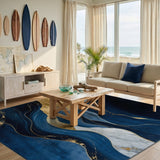 Navy Blue Gold Marble Wave Abstract Area Rug