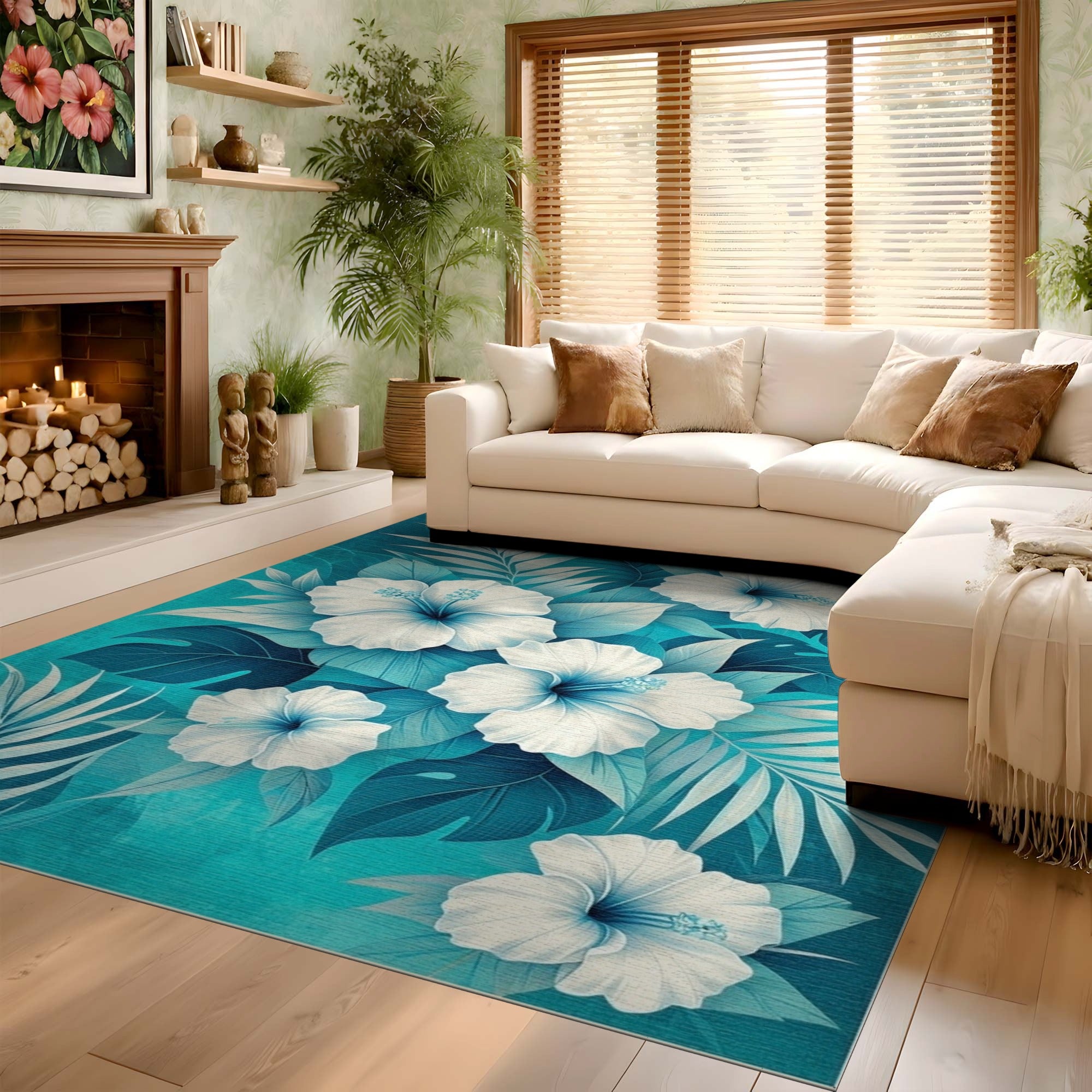 ODIKA Tropical Teal Hibiscus Floral Washable Low Pile Area Rug