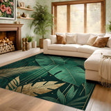 ODIKA Emerald Green and Gold Botanical Washable Rug - Art Deco Tropical Low Pile