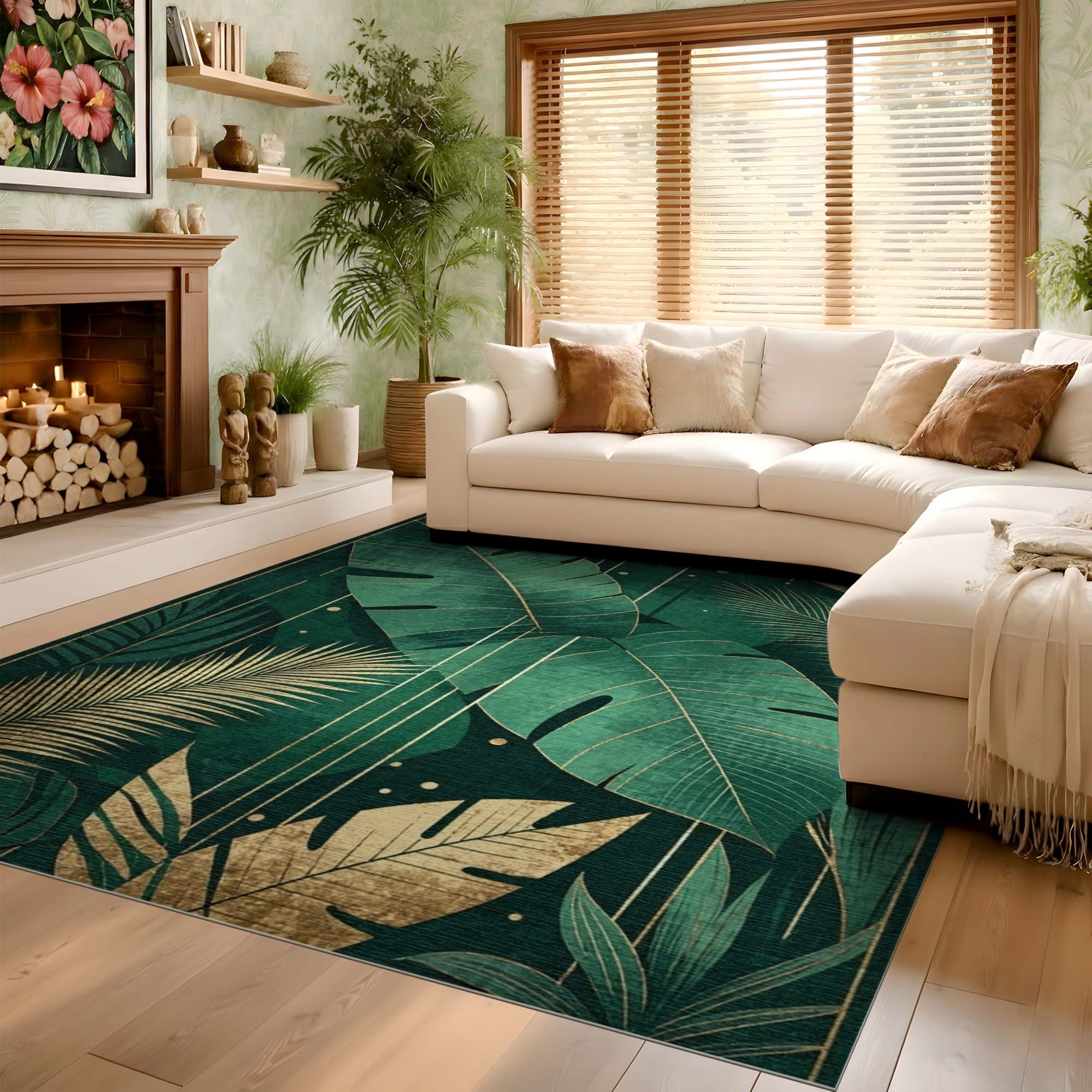 ODIKA Emerald Green and Gold Botanical Washable Rug - Art Deco Tropical Low Pile
