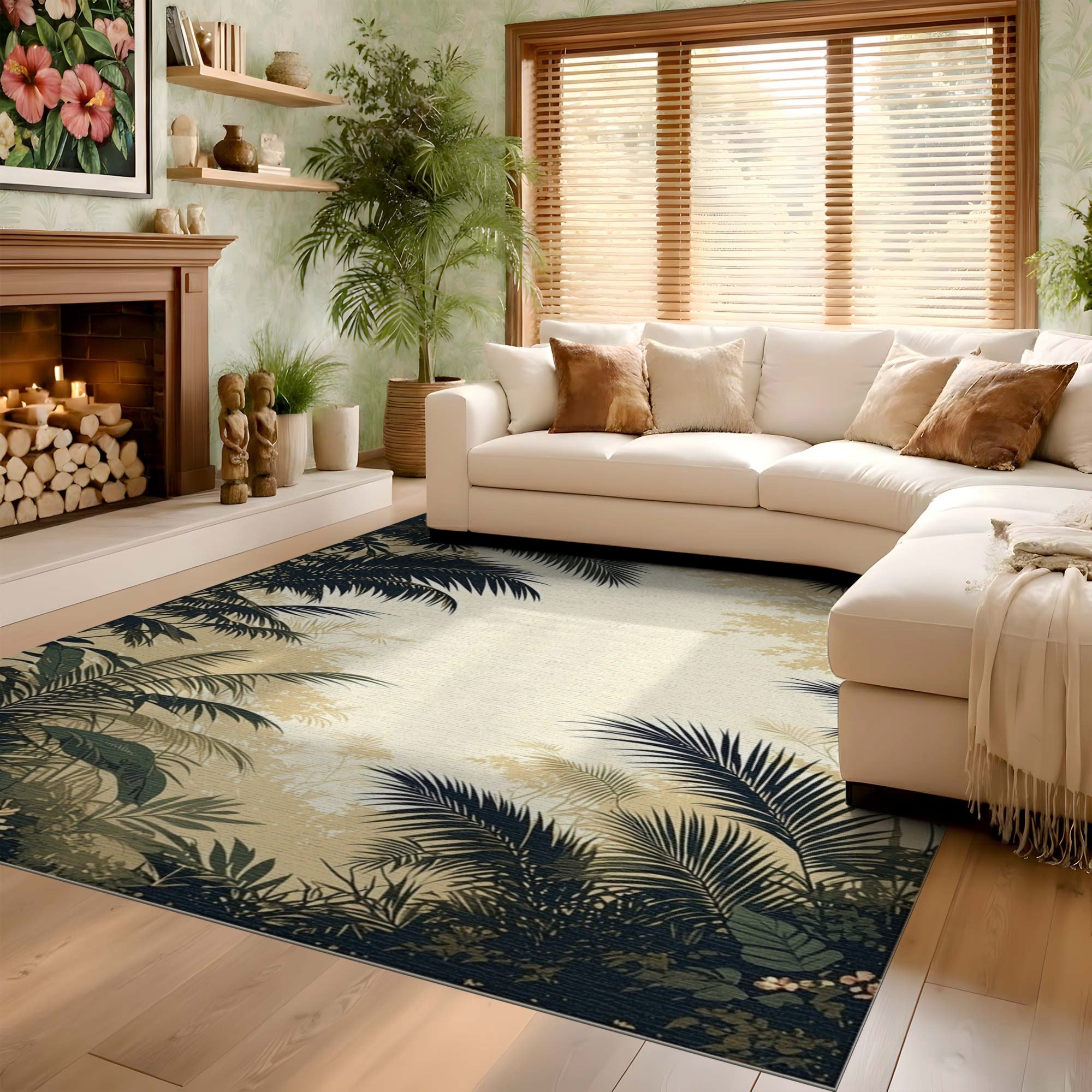 ODIKA Washable Tropical Palm Leaf Area Rug - Vintage Botanical Jungle Non-Slip Low Pile Rug