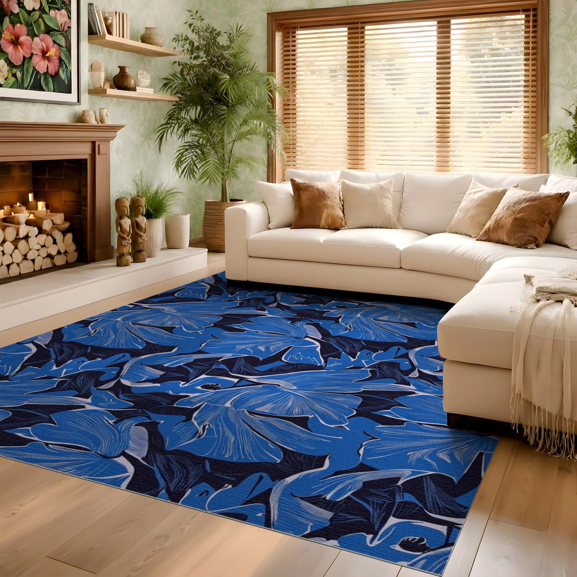 ODIKA Washable Blue Abstract Floral Rug - Low Pile Non-Slip Pet Friendly Area Rug