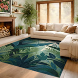 ODIKA Tropical Botanical Leaf Washable Area Rug - Teal & Green Non-Slip Low Pile Rug