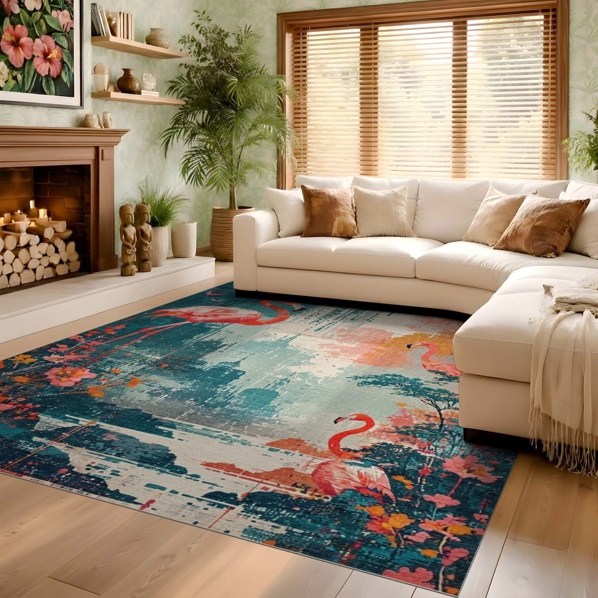 ODIKA Washable Flamingo Abstract Area Rug, Low Pile Non-Slip Artistic Carpet