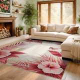 ODIKA Tropical Pink Hibiscus Washable Rug - Low Pile Non-Slip Area Rug