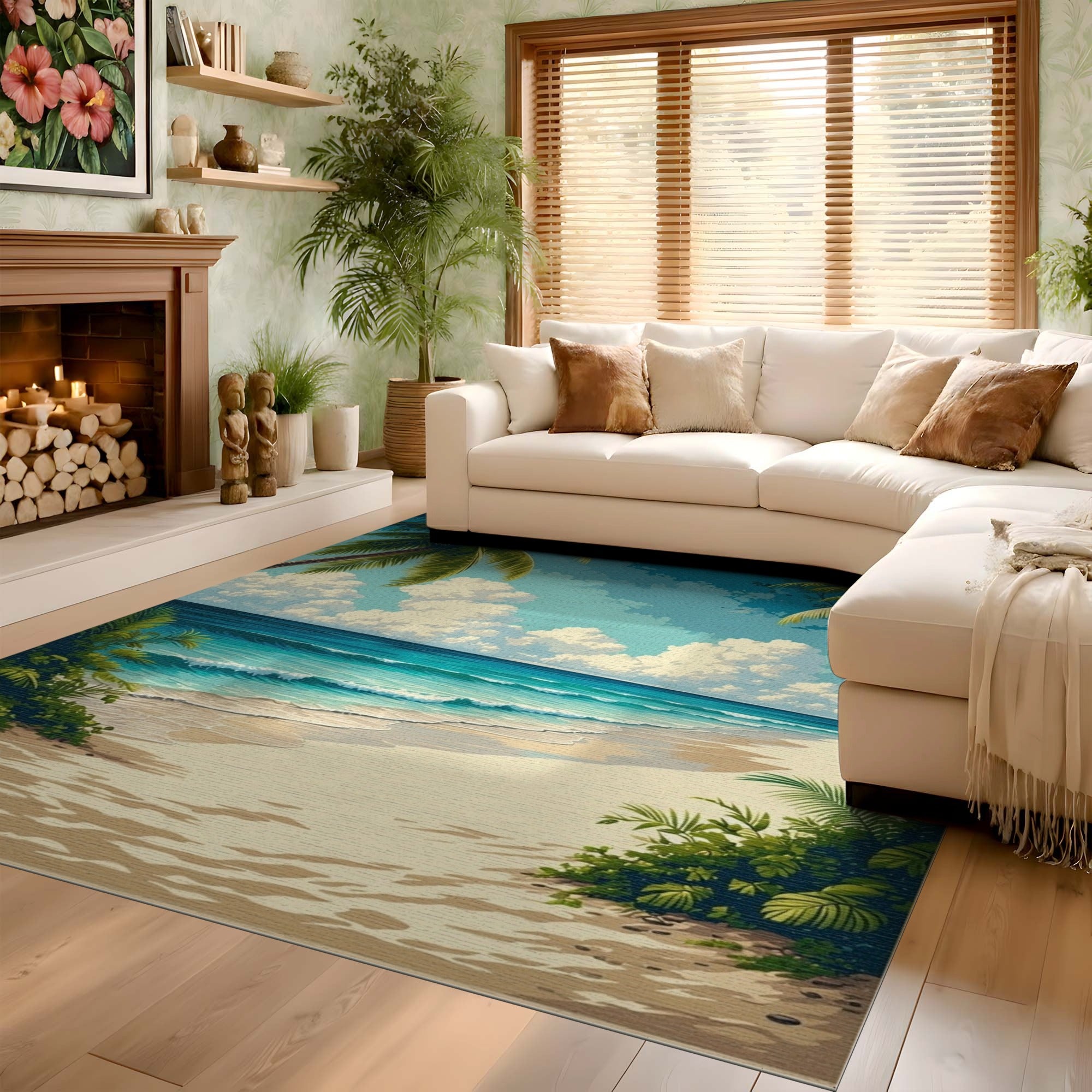 ODIKA Tropical Beach Palm Tree Washable Area Rug - Low Pile, Non-Slip & Pet Friendly