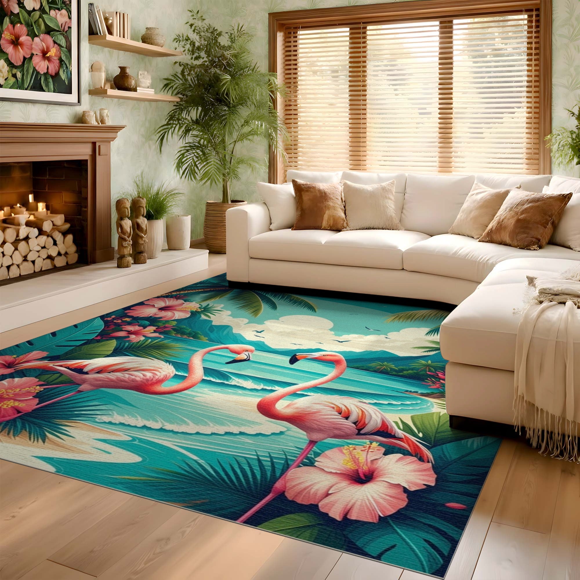 ODIKA Flamingo Tropical Washable Area Rug - Low Pile Non-Slip Coastal Decor