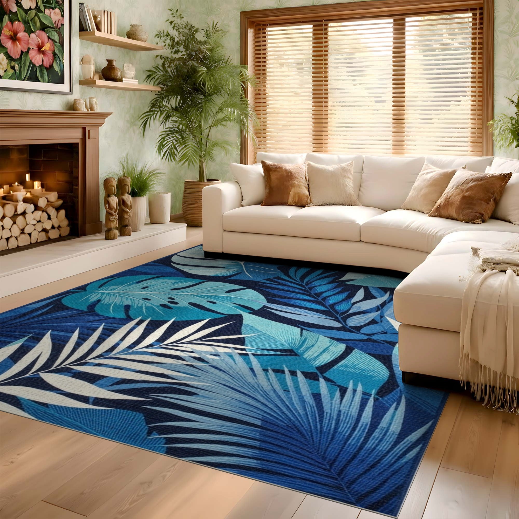 ODIKA Blue Tropical Leaf Washable Area Rug - Low Pile Non-Slip Botanical Rug