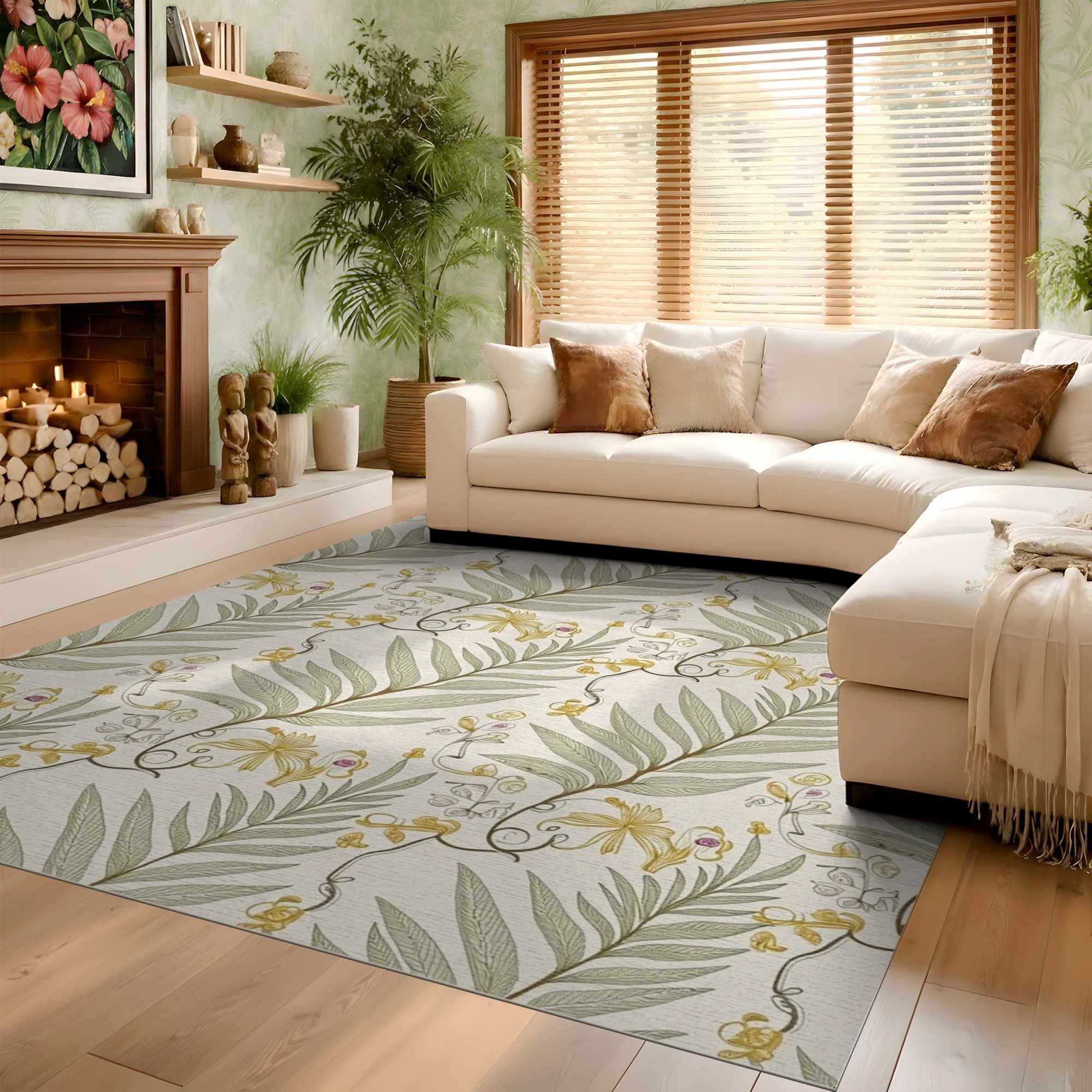ODIKA Washable Sage Green Botanical Leaf Low Pile Area Rug, Non-Slip & Pet Friendly