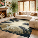 ODIKA Washable Low Pile Tropical Palm Leaf Rug - Vintage Navy & Gold