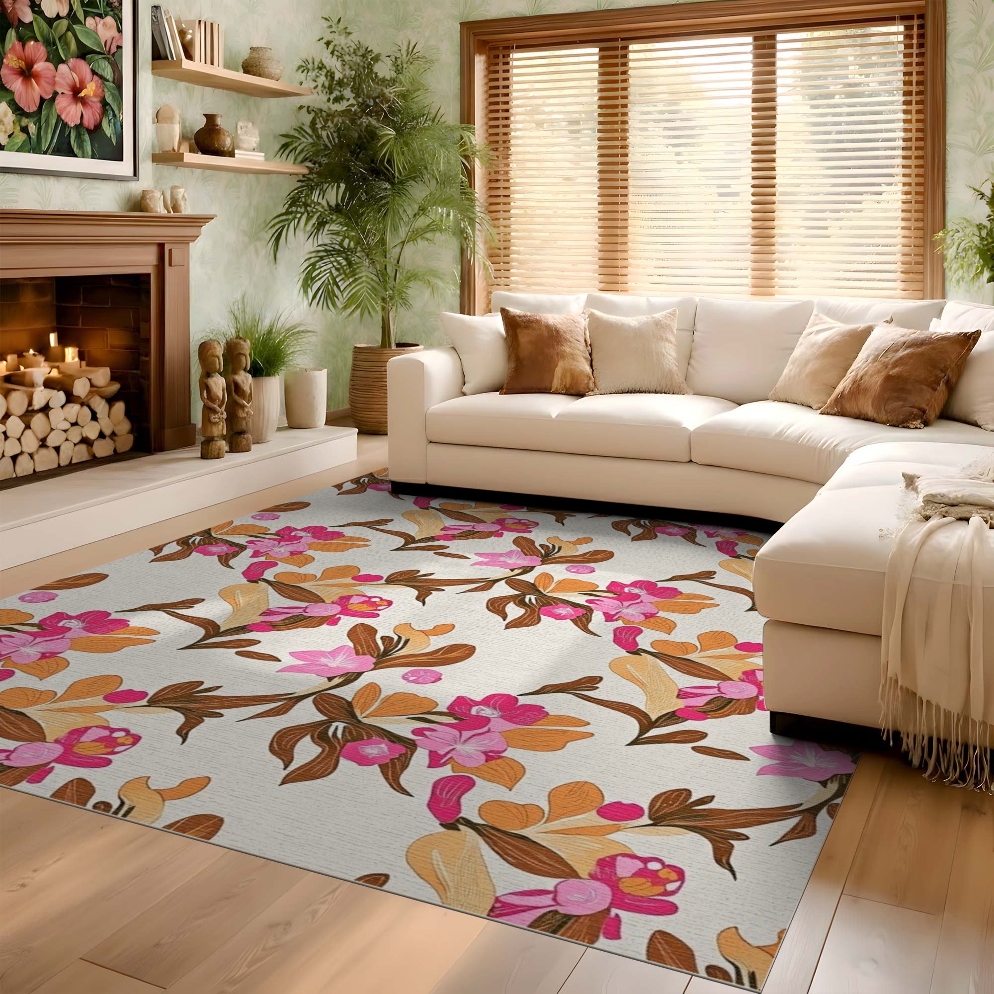 ODIKA Washable Bohemian Floral Area Rug - Low Pile Non-Slip Pink & Orange Rug