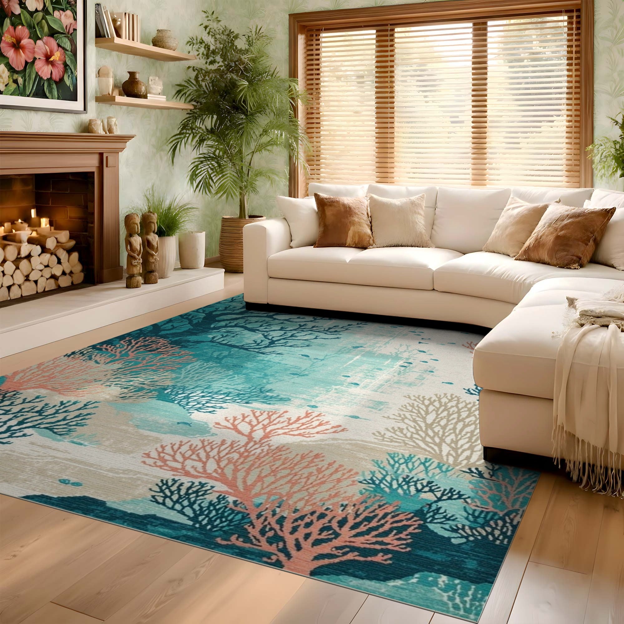 ODIKA Washable Coastal Coral Reef Area Rug - Non-Slip Low Pile Teal & Coral Pink Decor