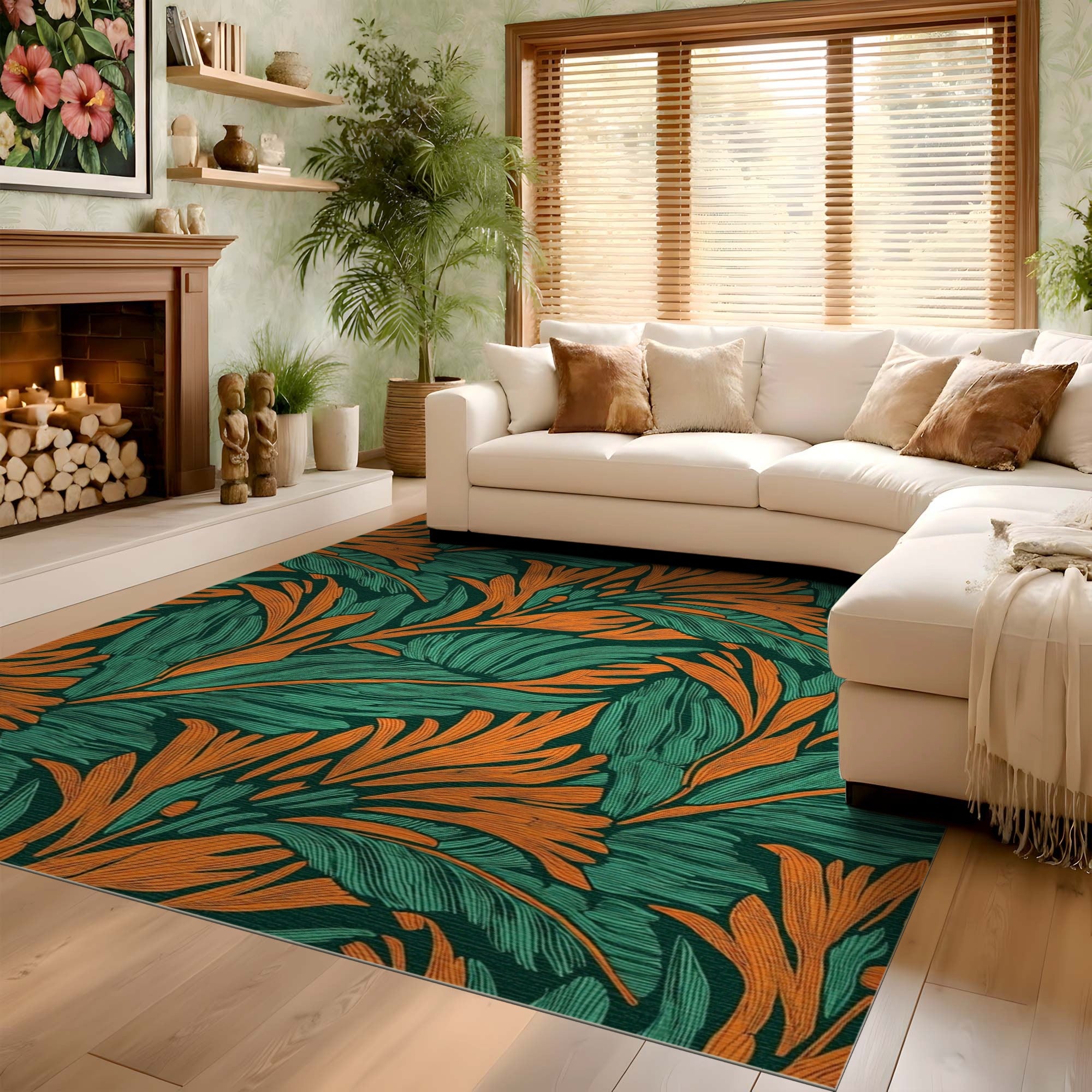 ODIKA Washable Teal and Orange Botanical Art Deco Area Rug - Low Pile Non-Slip