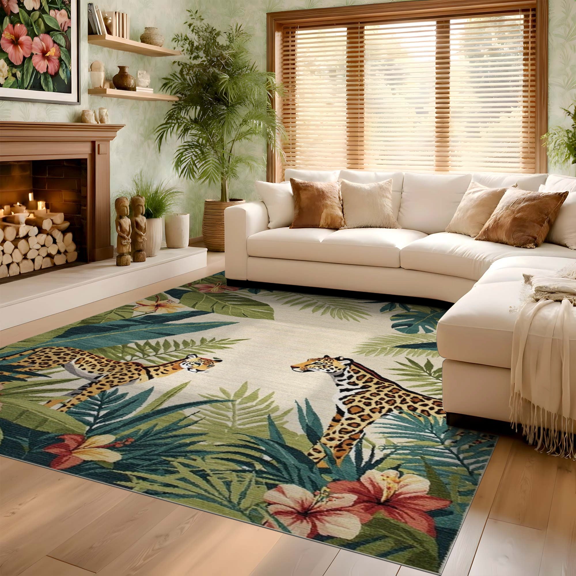 ODIKA Washable Tropical Jungle Leopard Rug - Low Pile Non-Slip Area Rug for Kids & Pets