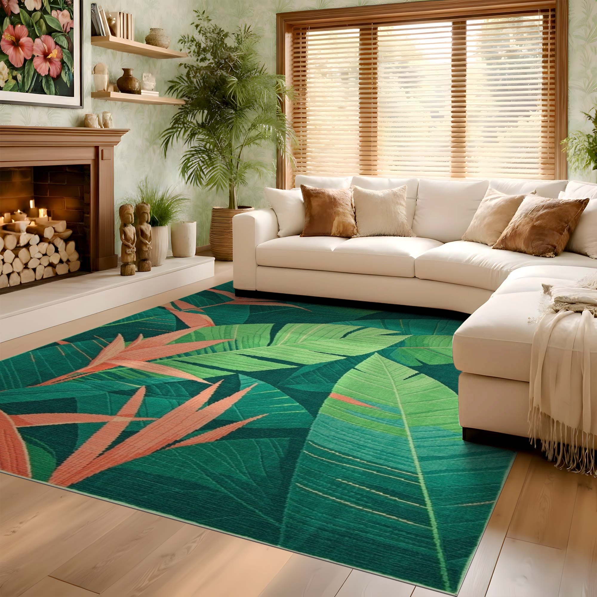 ODIKA Washable Tropical Leaf Area Rug - Non-Slip Low Pile Green & Coral Botanical Rug