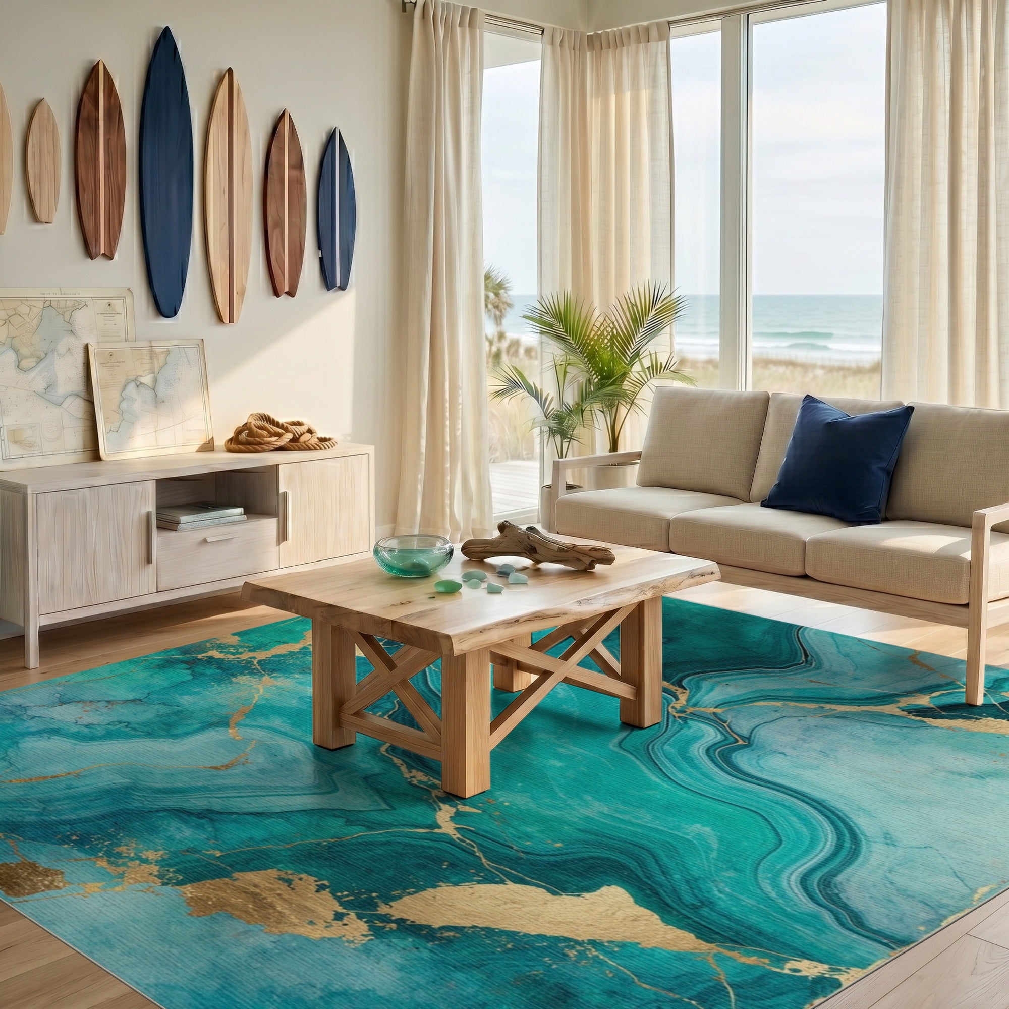 Blue and Teal Teal Gold Fluid Abstract Area Rug