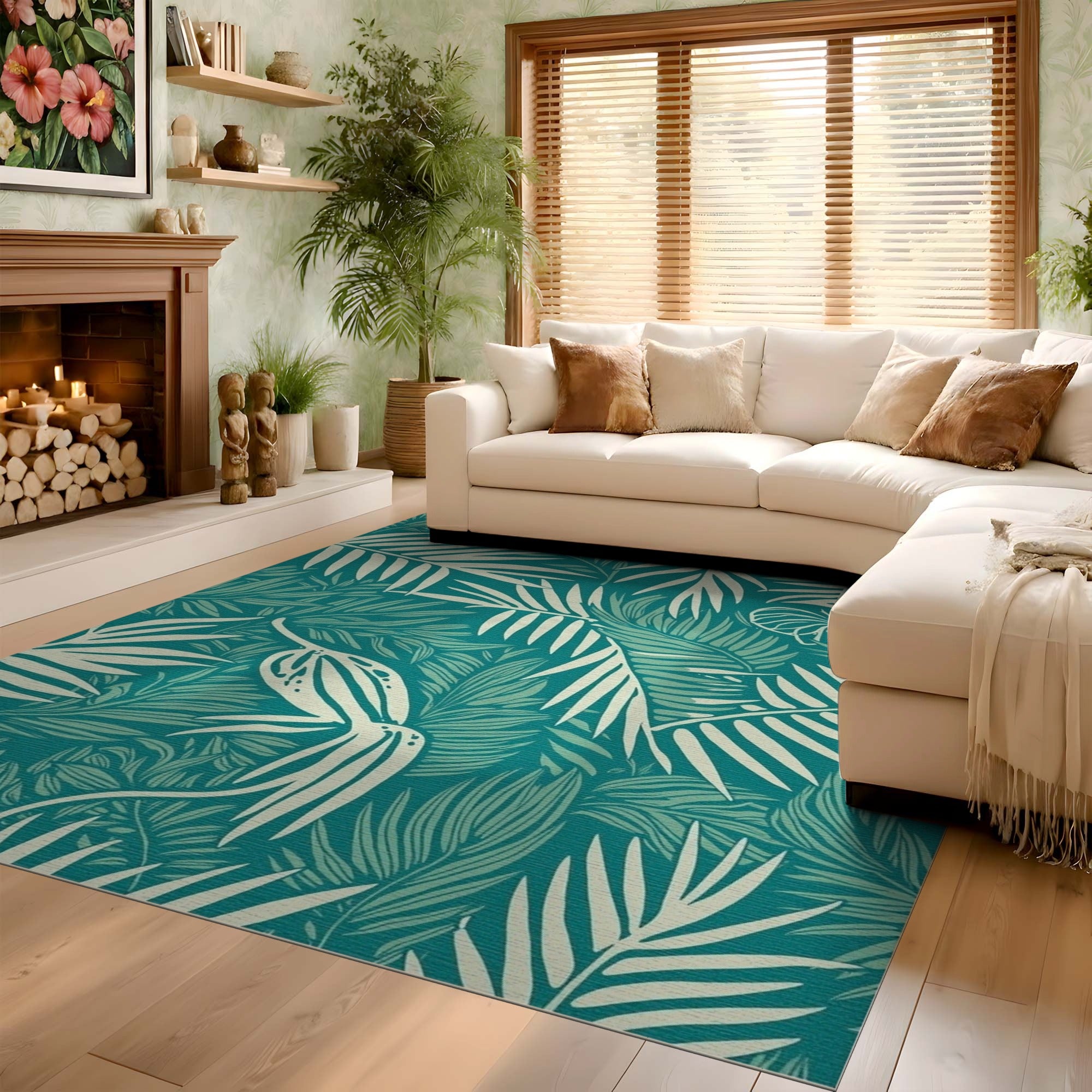 ODIKA Washable Tropical Palm Leaf Area Rug - Teal & Cream Non-Slip Low Pile Rug