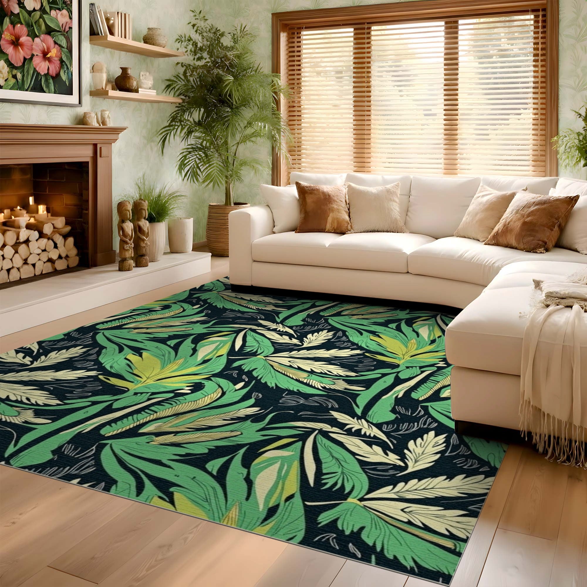 ODIKA Tropical Botanical Leaf Washable Rug - Low Pile Non-Slip Area Rug