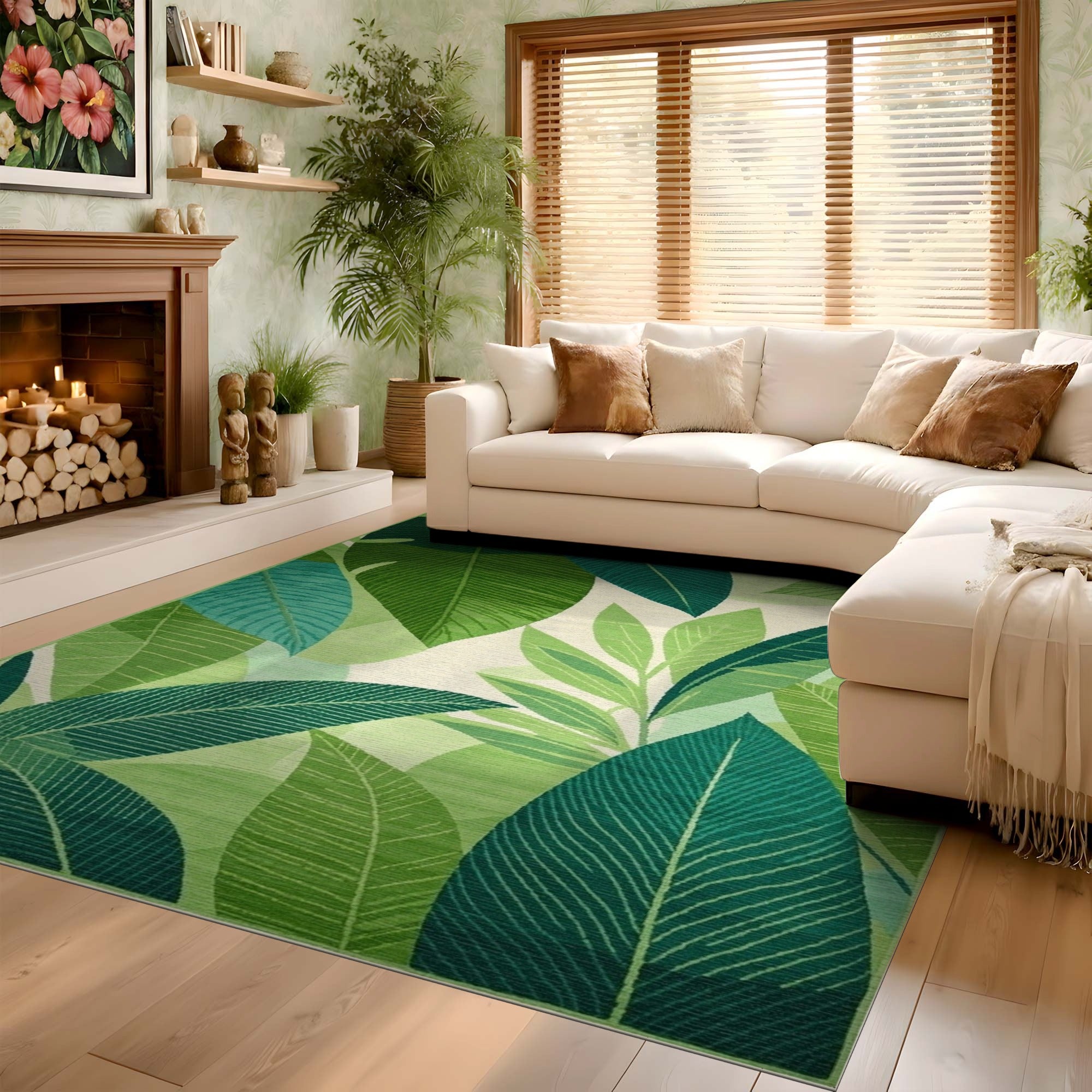 ODIKA Washable Tropical Green Leaf Area Rug - Low Pile Non-Slip Botanical Rug for Living Room & Bedroom