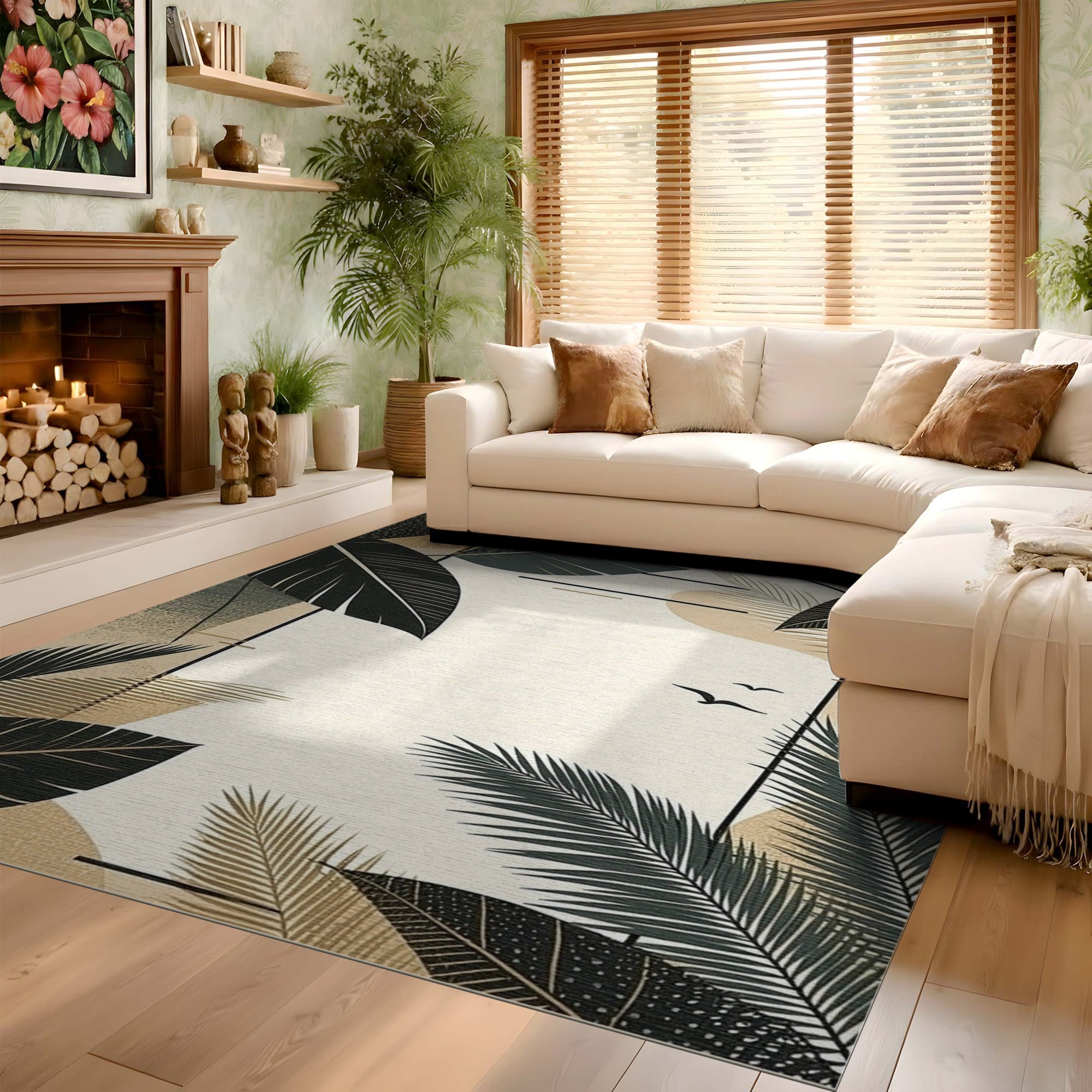 ODIKA Modern Tropical Leaf Washable Area Rug - Low Pile Non-Slip Floor Mat