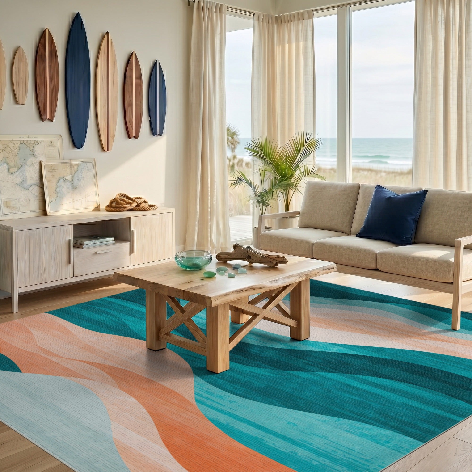 ODIKA Modern Abstract Wavy Teal & Peach Washable Area Rug - Low Pile Non-Slip
