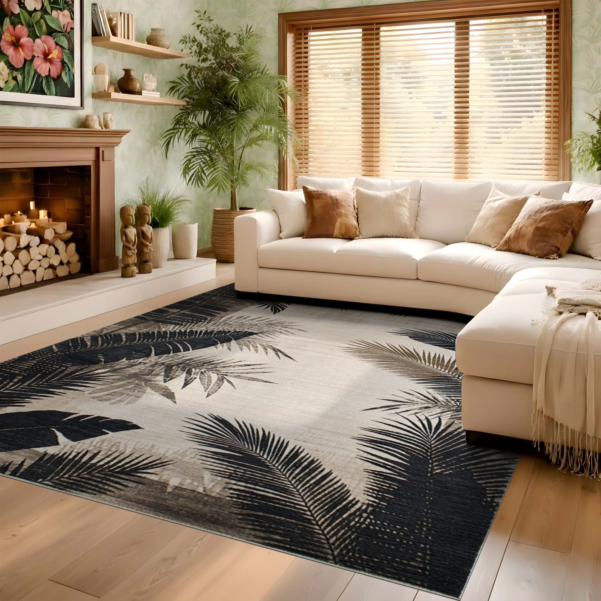 ODIKA Washable Tropical Palm Leaf Area Rug, Non-Slip Low Pile Modern Boho Carpet
