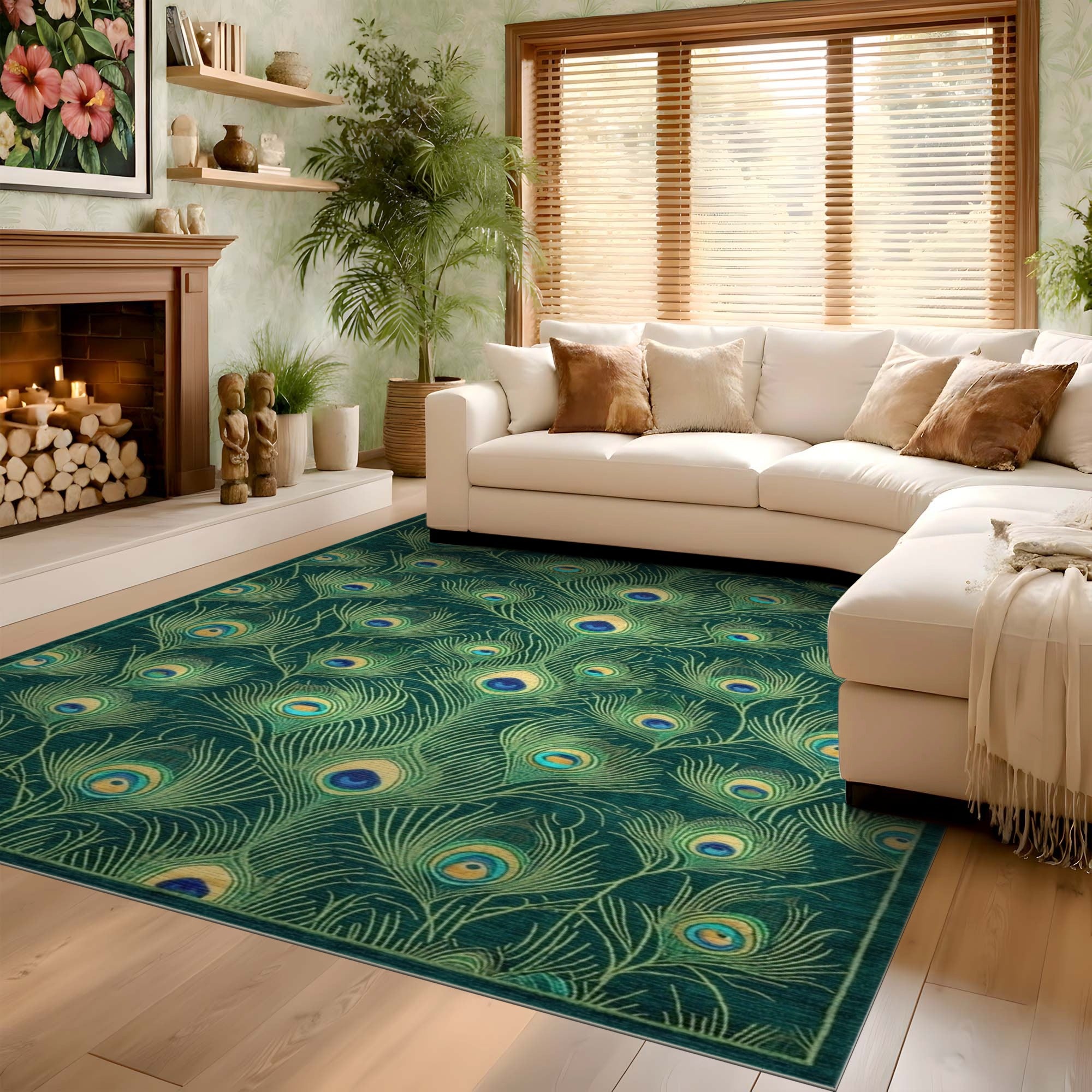 ODIKA Peacock Feather Pattern Washable Area Rug - Low Pile Non-Slip Emerald Rug