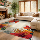 ODIKA Tropical Hibiscus Washable Area Rug - Low Pile Non-Slip Floral Carpet