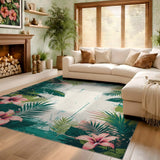 ODIKA Vintage Tropical Hibiscus Washable Rug - Low Pile Non-Slip Floral Area Rug