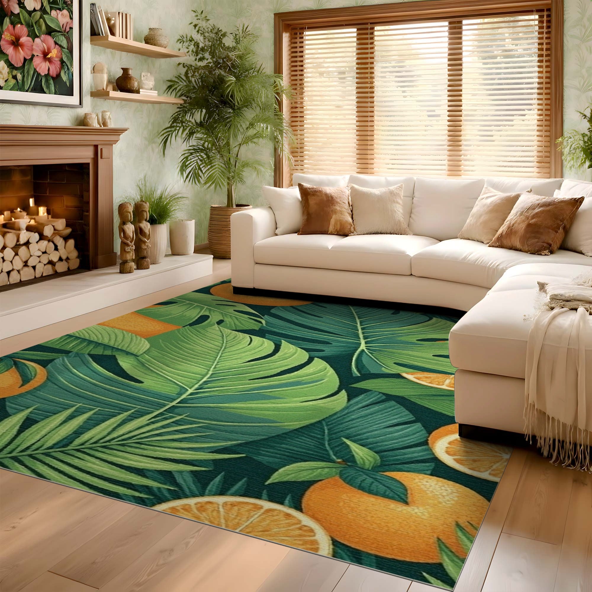 ODIKA Tropical Monstera & Citrus Washable Low Pile Area Rug - Non-Slip, Pet & Kid Friendly