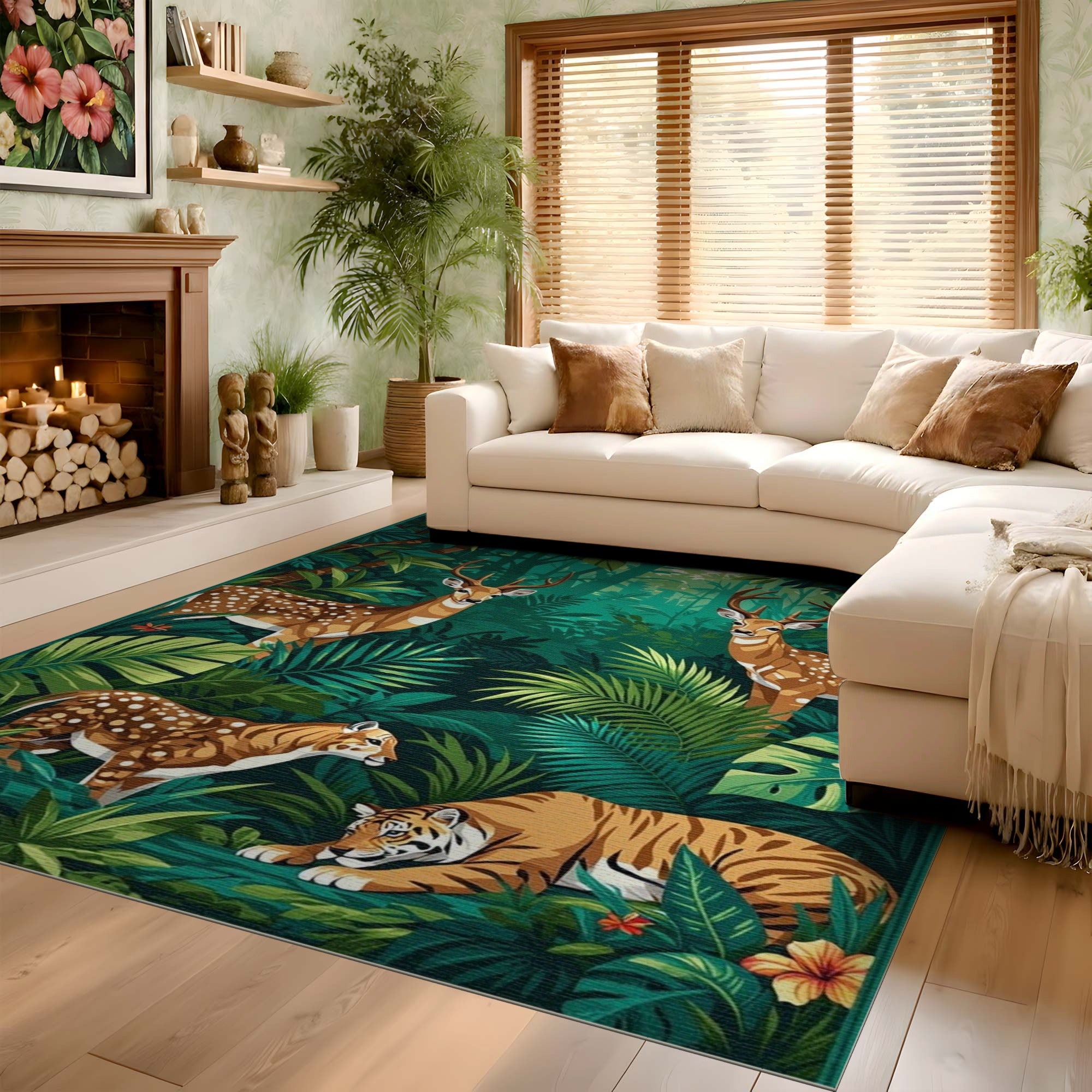 ODIKA Jungle Wildlife Washable Area Rug - Green Tropical Forest Tiger & Deer Low Pile