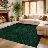 ODIKA Washable Dark Green Botanical Area Rug - Low Pile, Non-Slip & Pet Friendly