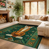ODIKA Washable Tiger Area Rug - Green Tribal Geometric Jungle Pattern, Low Pile