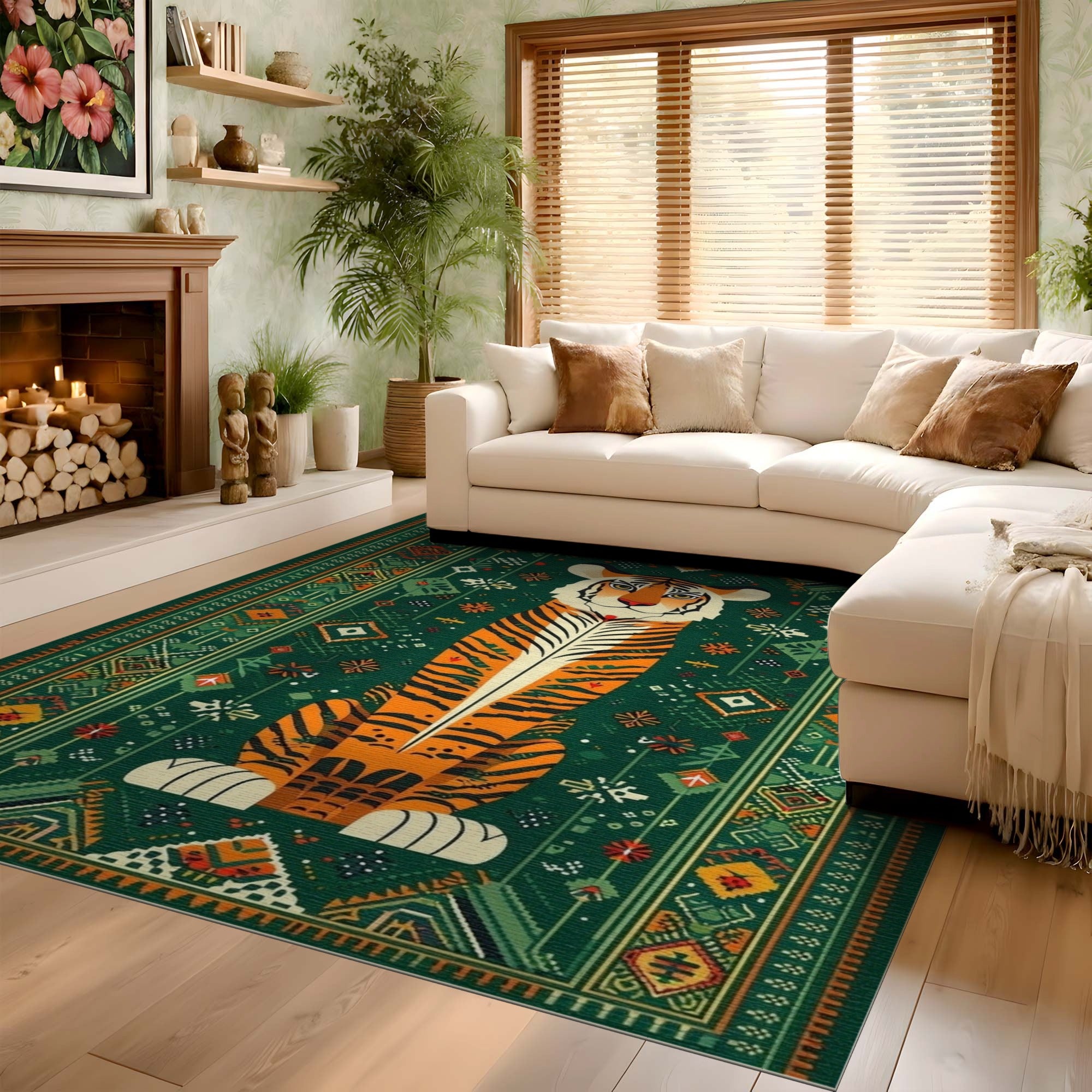 ODIKA Washable Tiger Area Rug - Green Tribal Geometric Jungle Pattern, Low Pile