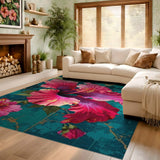 ODIKA Tropical Pink Hibiscus Washable Low Pile Area Rug - Non-Slip & Pet Friendly