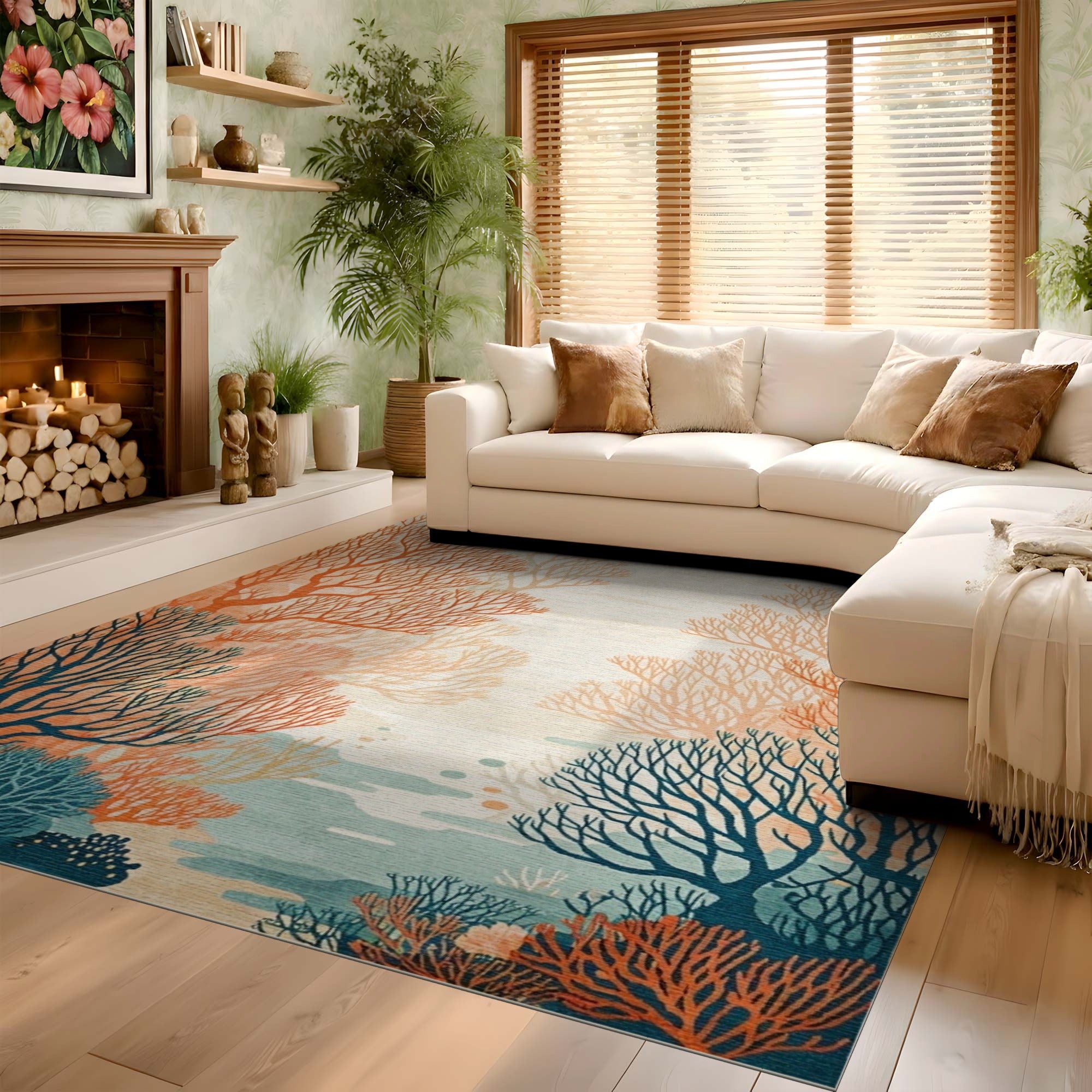 ODIKA Modern Coral Reef Washable Area Rug - Non-Slip Low Pile Artistic Carpet