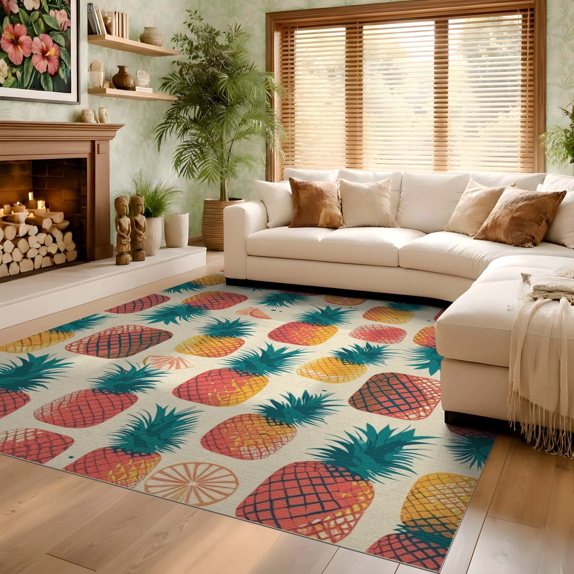 ODIKA Retro Tropical Pineapple Washable Area Rug - Non-Slip Low Pile Living Room Rug