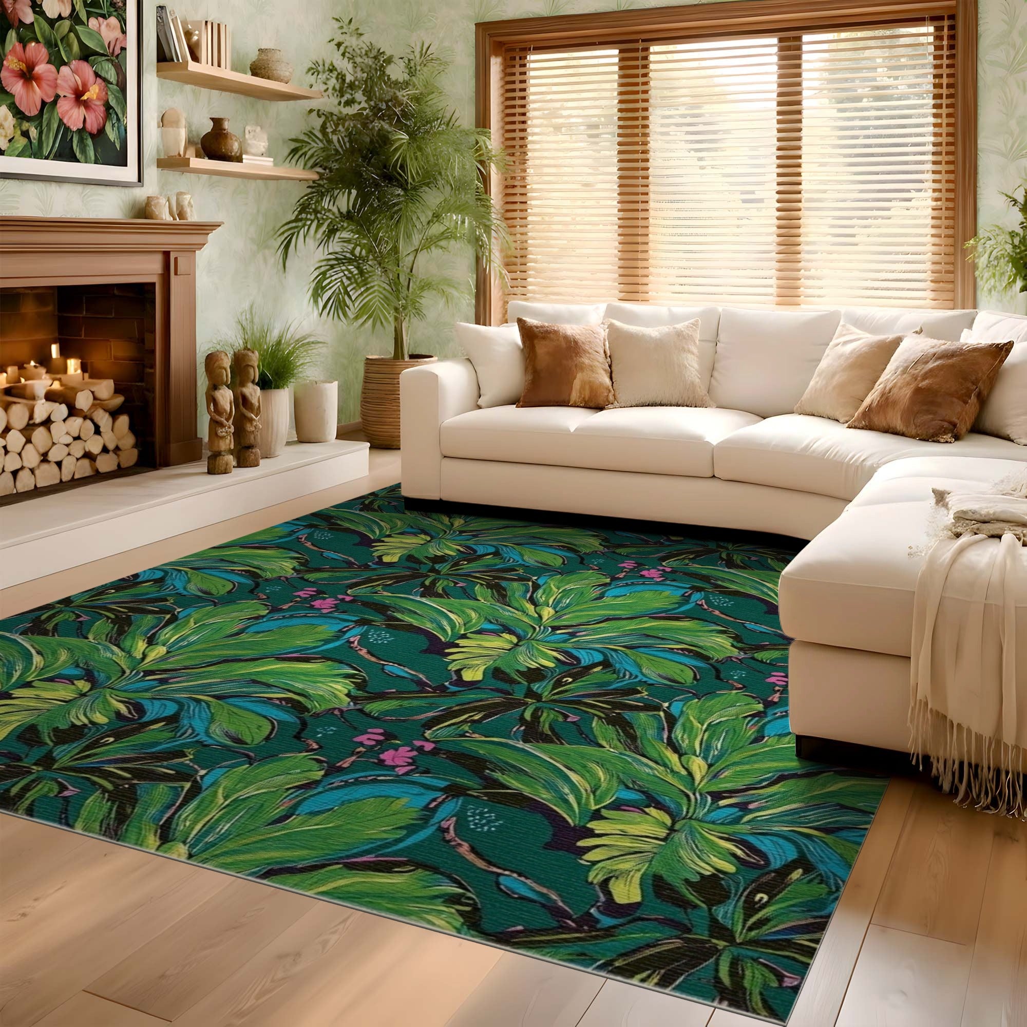 ODIKA Tropical Botanical Leaf Washable Rug - Non-Slip Low Pile Area Rug