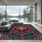 Vibrant Red Lotus Floral Border Rug