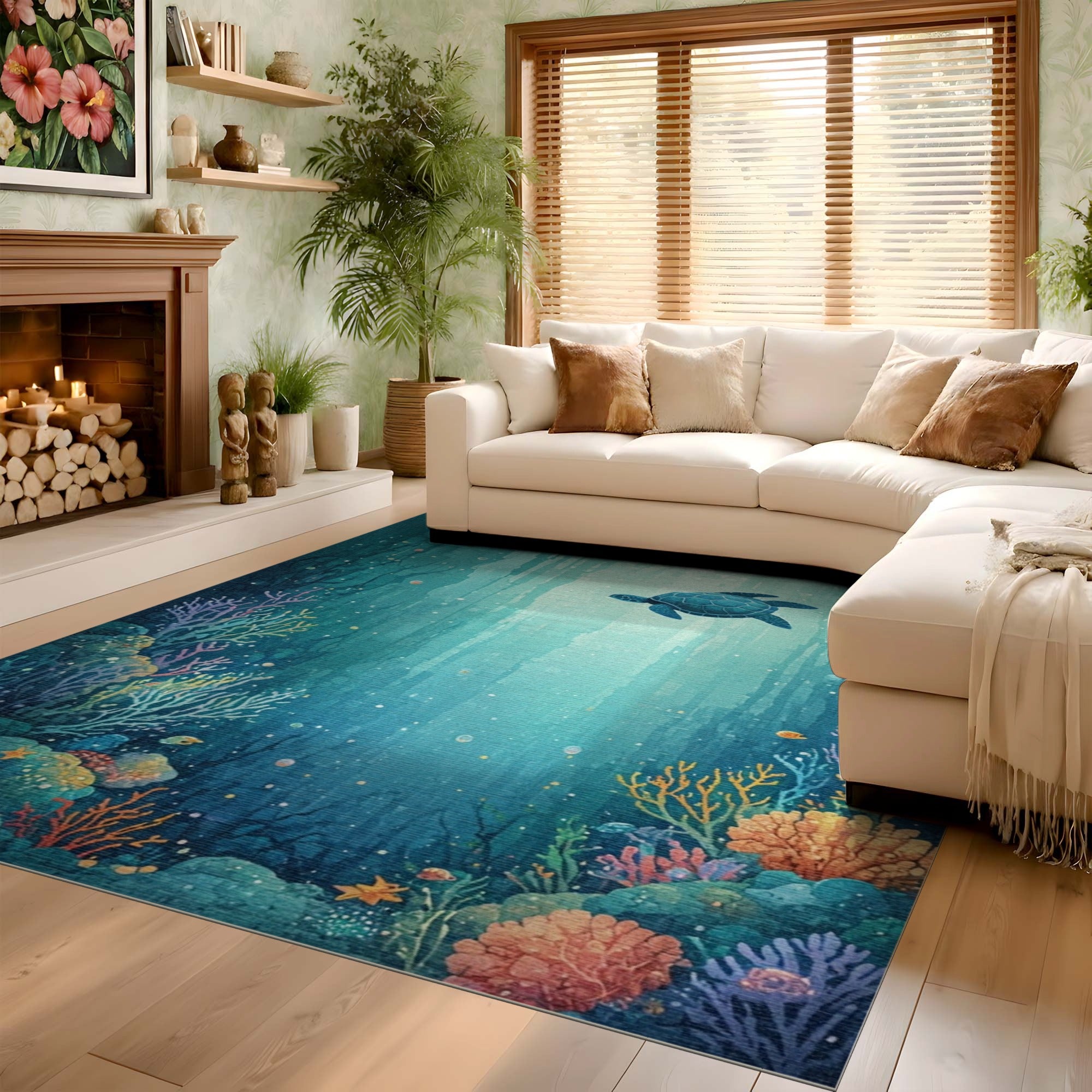 Washable Ocean Sea Turtle & Coral Reef Low Pile Area Rug