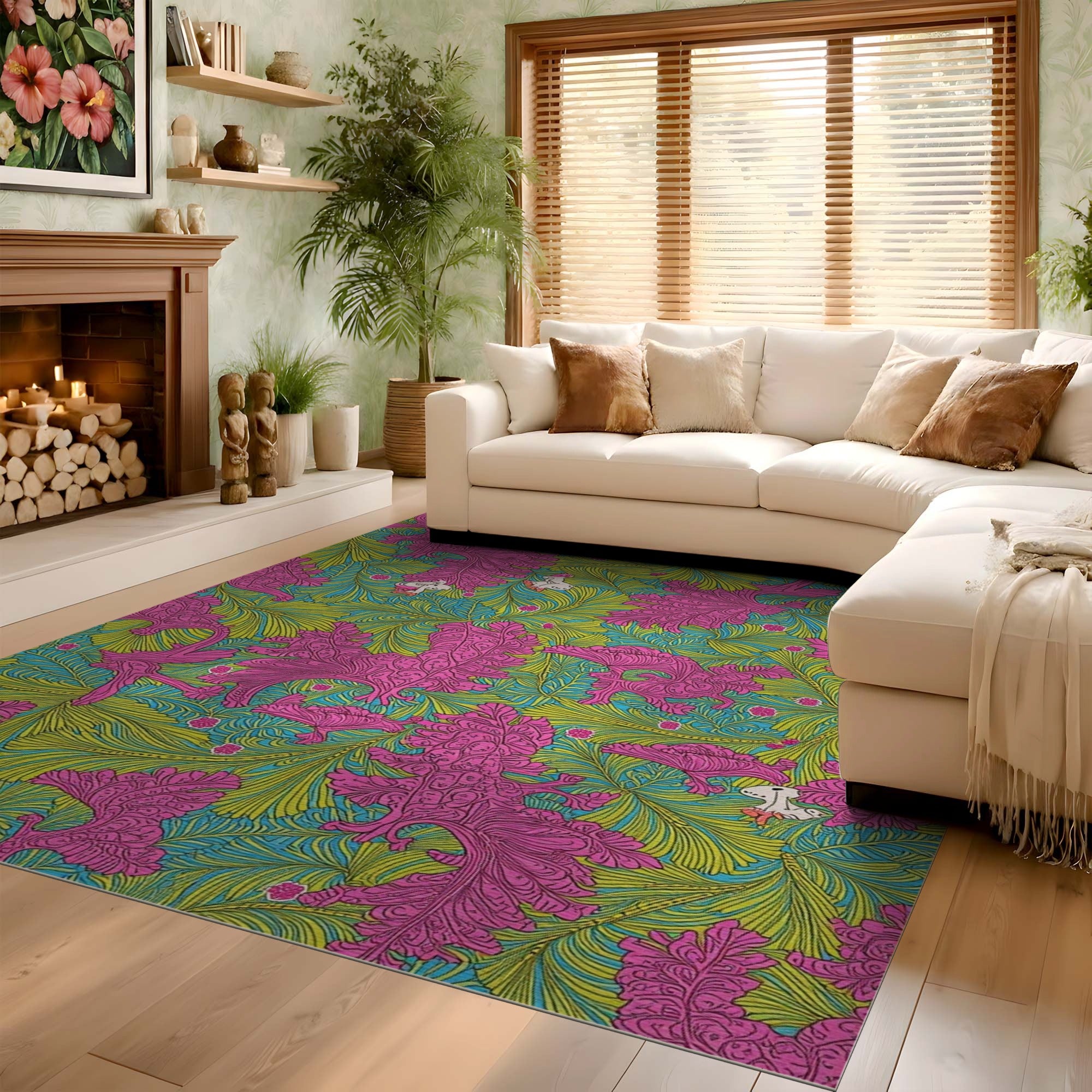 ODIKA Vibrant Magenta & Lime Green Botanical Washable Area Rug - Low Pile Non-Slip Non-Shedding Carpet