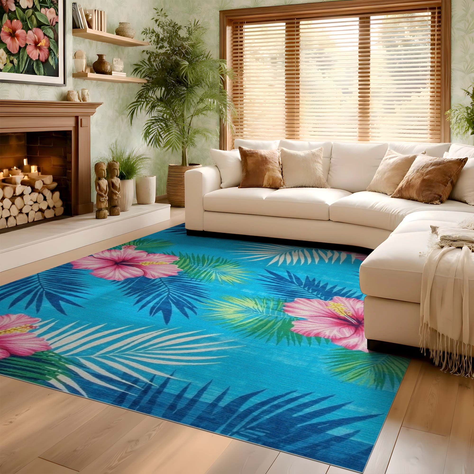 ODIKA Tropical Pink Hibiscus and Palm Leaf Washable Area Rug - Low Pile & Non-Slip