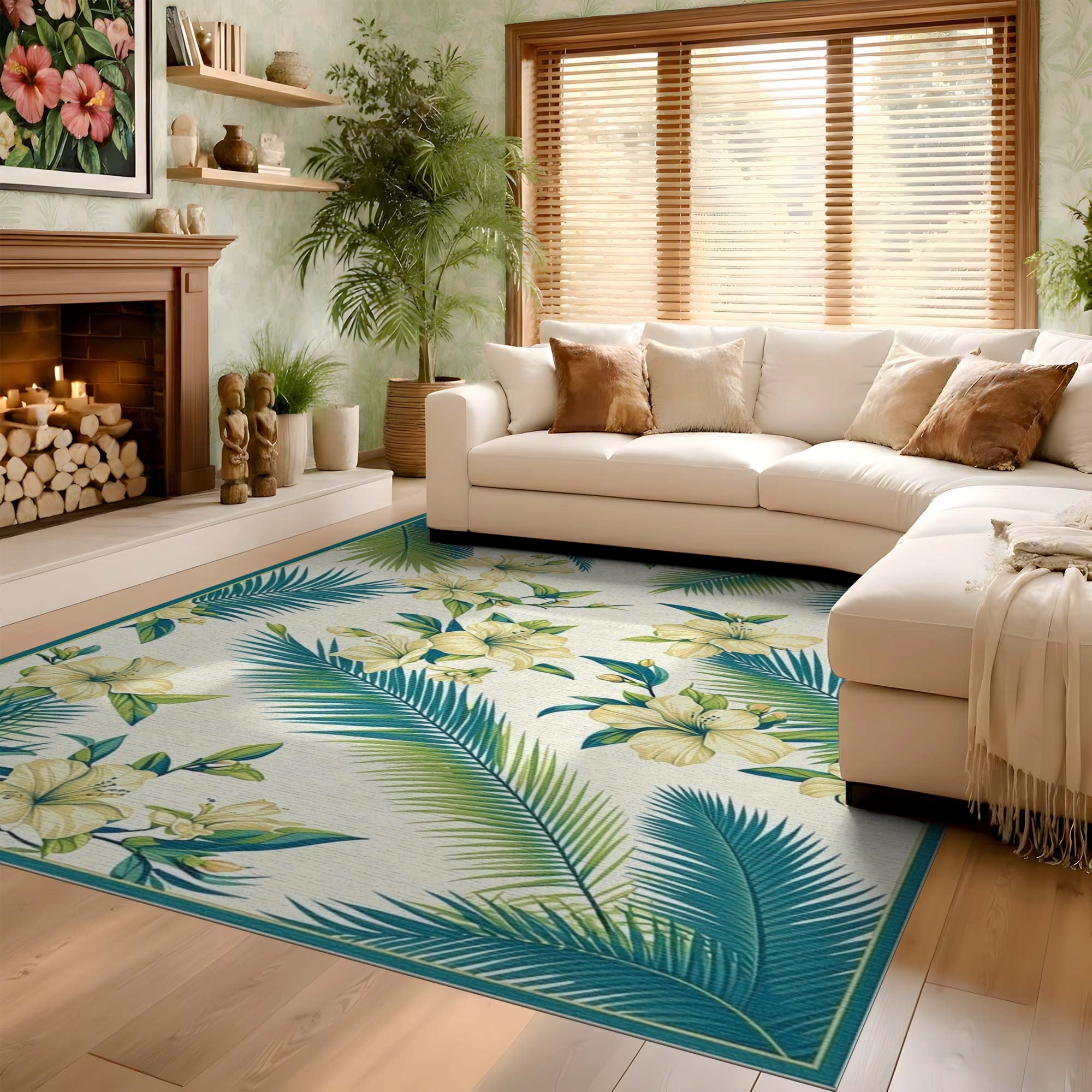 ODIKA Tropical Palm Leaf & Hibiscus Floral Washable Area Rug, Low Pile Non-Slip Indoor Carpet