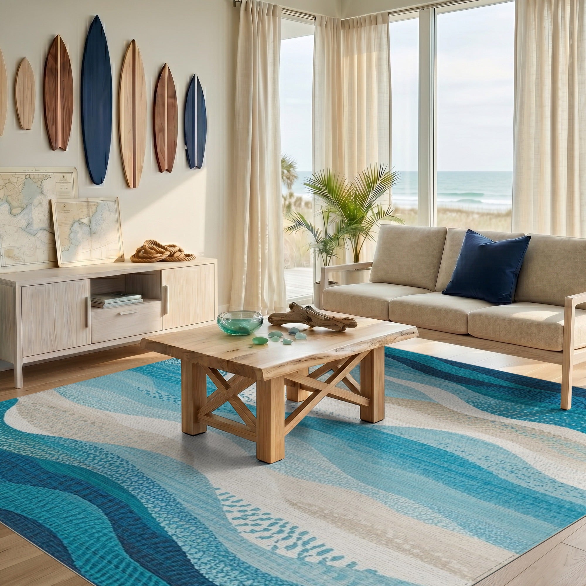 Washable Abstract Coastal Blue Wave Area Rug - Low Pile, Non-Slip, Pet Friendly