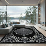 Ornate Grey Floral Scrollwork Oval Rug