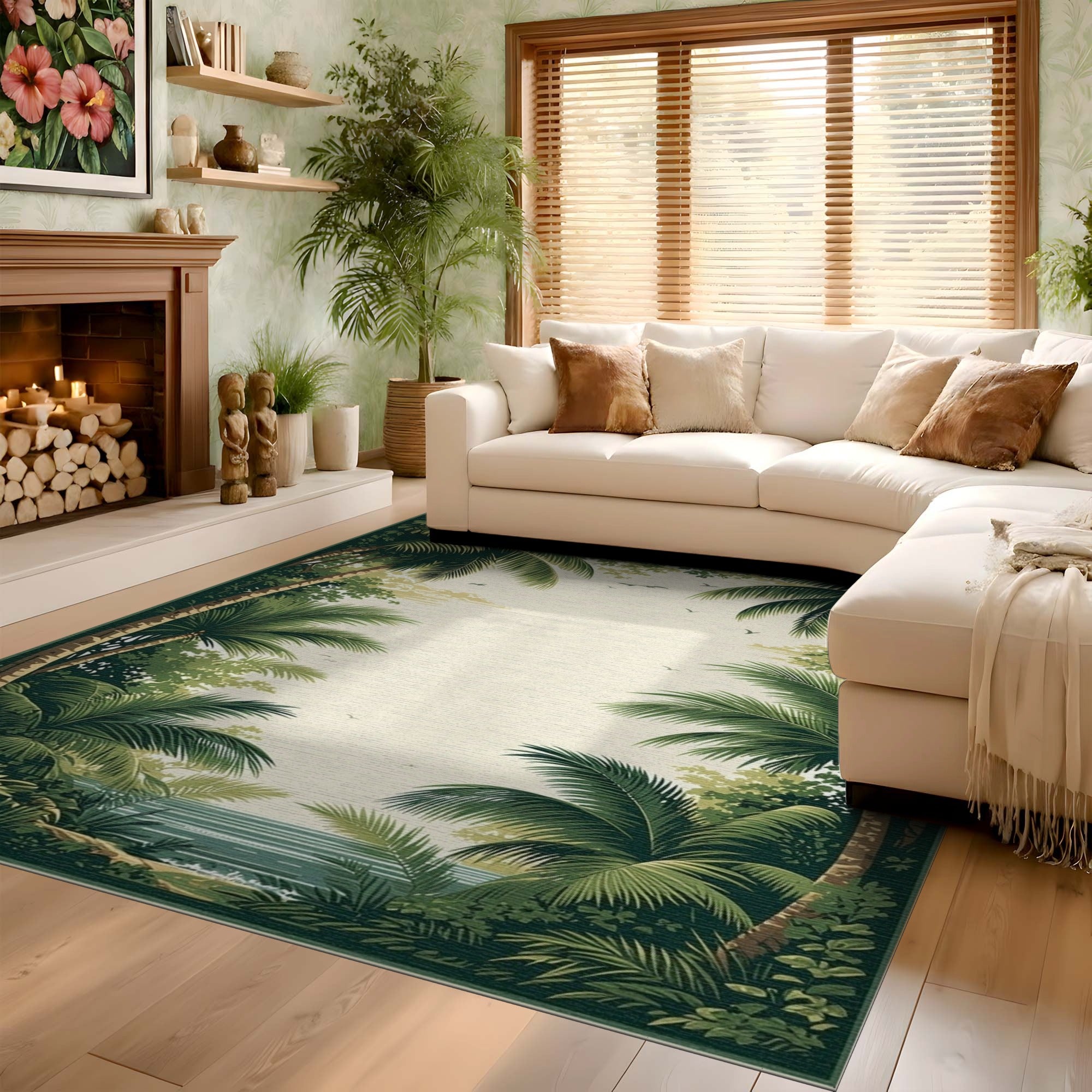 ODIKA Tropical Palm Tree Washable Rug - Vintage Jungle Non-Slip Low Pile Area Rug