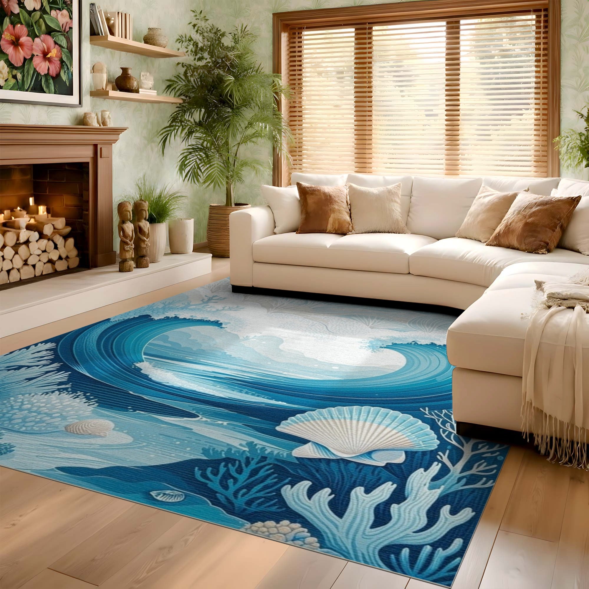 ODIKA Washable Ocean Wave Area Rug - Low Pile Non-Slip Blue Coastal Marine Rug