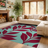 ODIKA Washable Botanical Leaf Area Rug - Red & Mint Low Pile Non-Slip Floor Mat