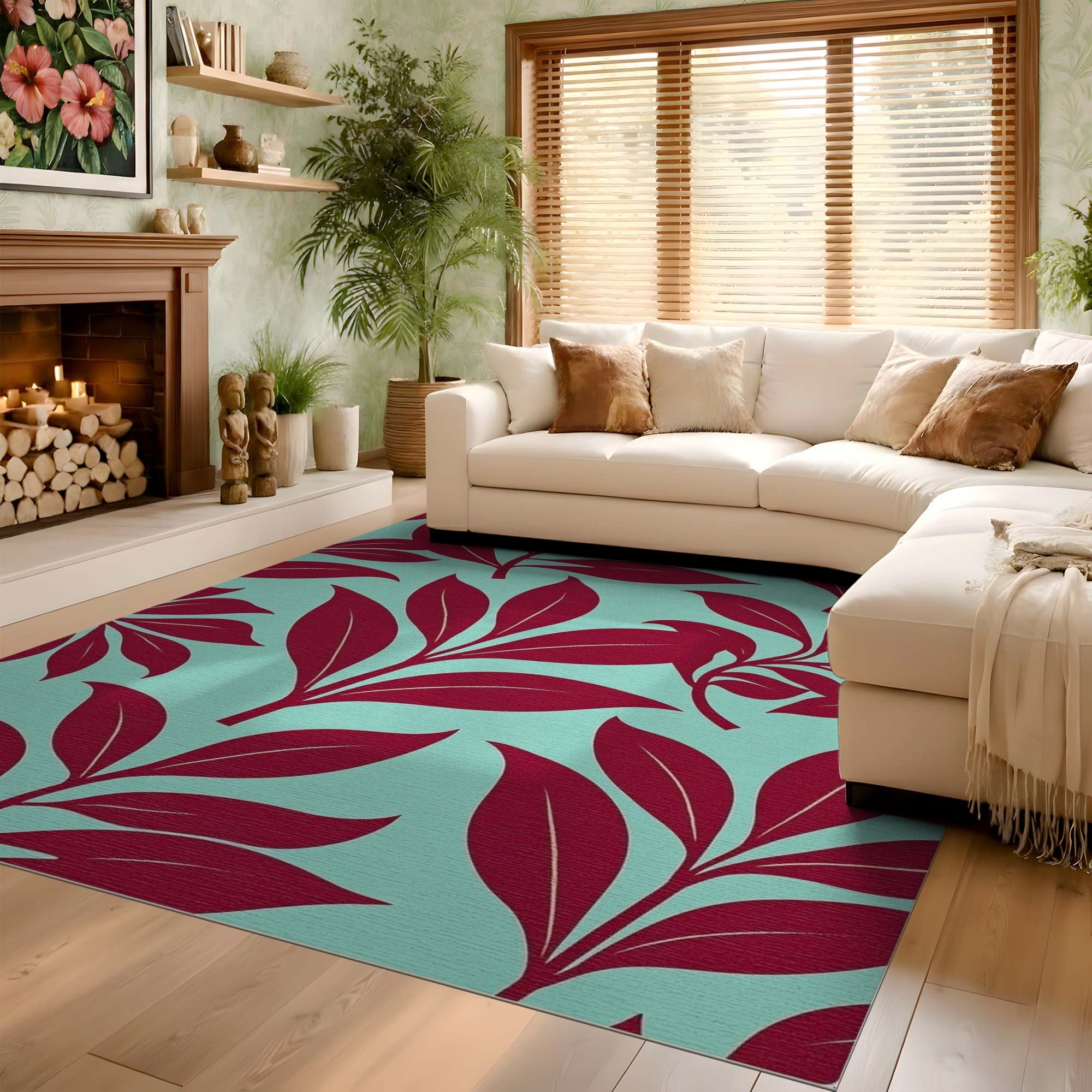 ODIKA Washable Botanical Leaf Area Rug - Red & Mint Low Pile Non-Slip Floor Mat